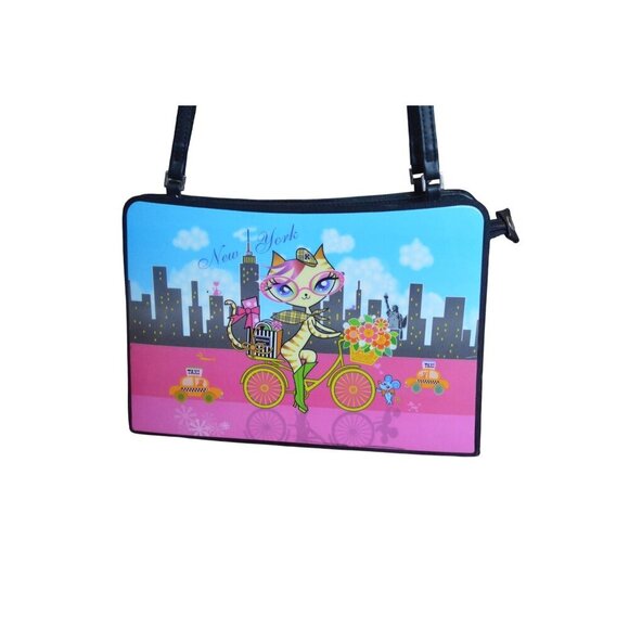 Vintage Y2K New York Cat Print Shoulder Bag With Black Straps Zipper Closure - Picture 3 of 8